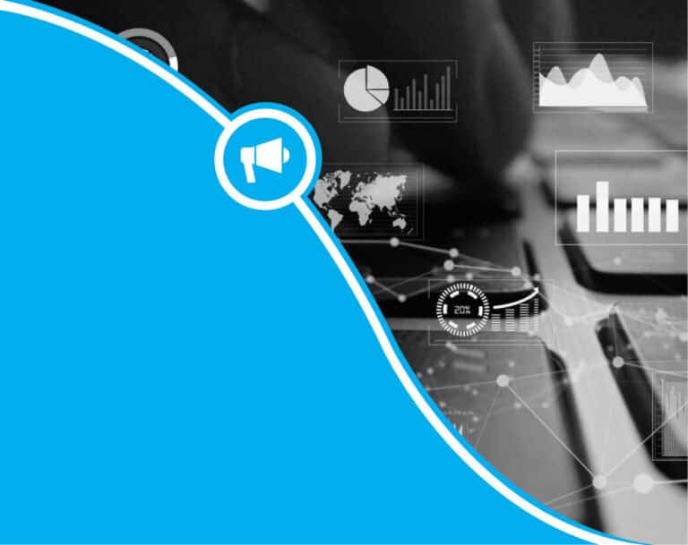 a blue circle with a megaphone icon on it with graphs in the background