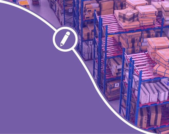A pencil graphic next to an image of shelves in a warehouse containing packaged inventory