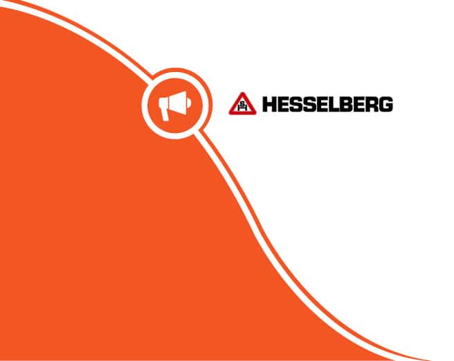 an orange and white background with a hesselberg logo