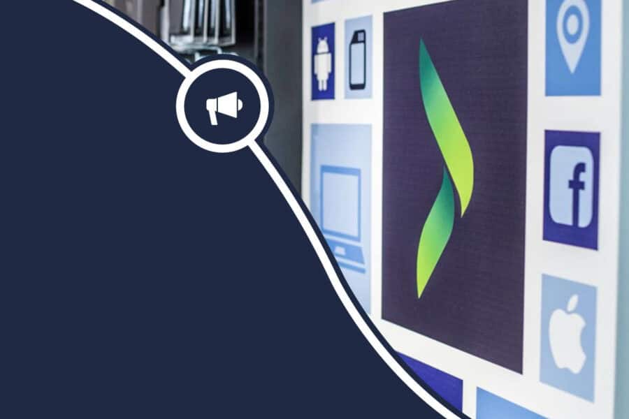 a blue background with a white circle with a megaphone on it