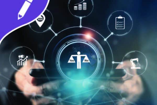 a person holding a phone with a holograph of a person holding a yes and no icon on it