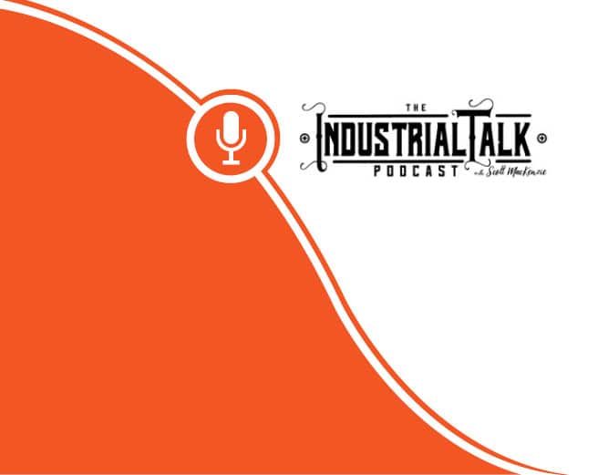 a logo for the industrial talk podcast with an orange background