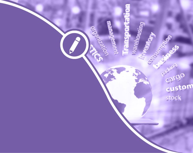 a purple background with a globe and the words organization, transportation, inventory, consumption, business, custom, stock