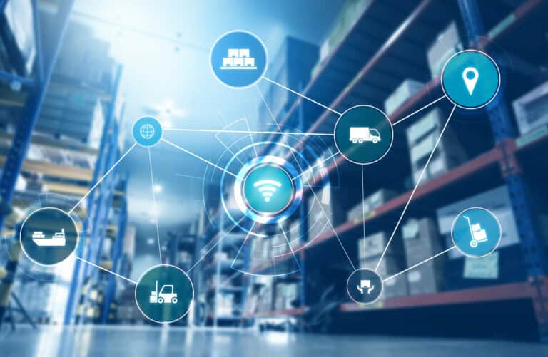 Supply chain & demand planning concept - Smart warehouse management system with innovative internet of things technology to identify package picking and delivery . Future concept of supply chain and logistic network business