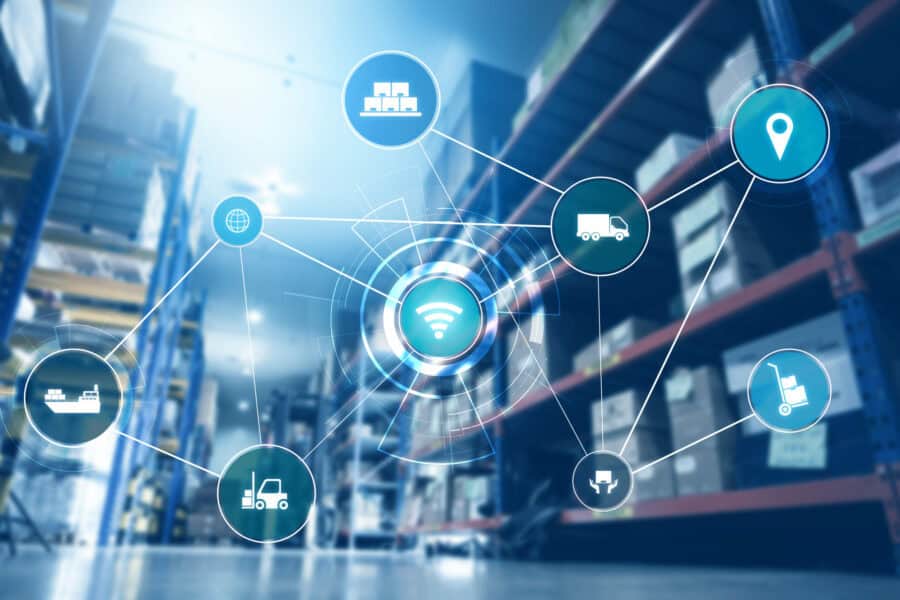 Supply chain & demand planning concept - Smart warehouse management system with innovative internet of things technology to identify package picking and delivery . Future concept of supply chain and logistic network business