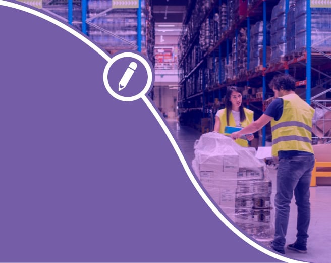 a man and a woman standing in a warehouse with a purple background