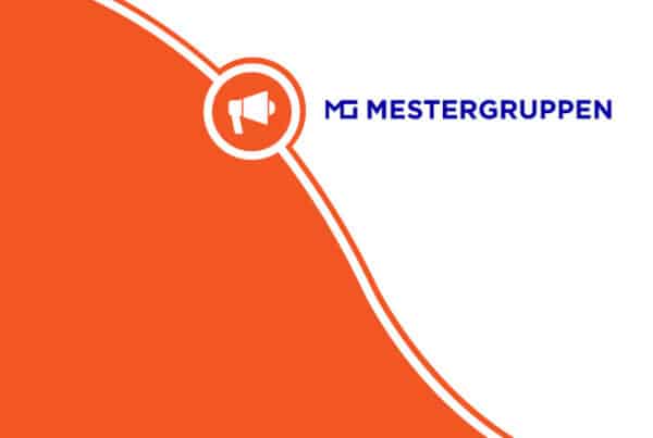 A graphic of a megaphone next to the logo of Mestergruppen