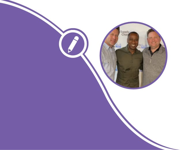 three men are posing for a picture in front of a background that says supply chain