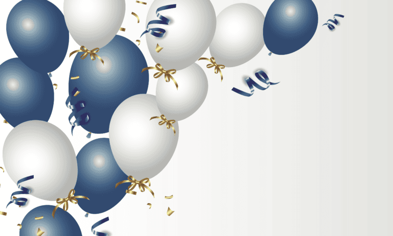 blue and white balloons and confetti on a white background