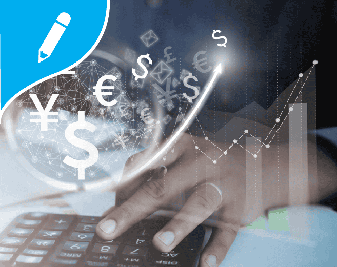 a person using a calculator with currency symbols coming out of it