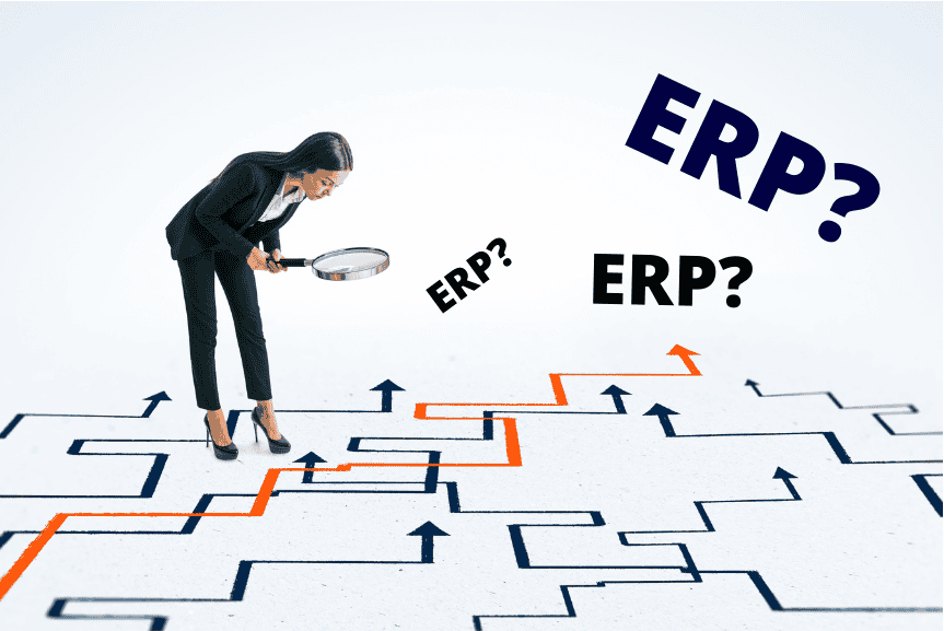 business woman analyzing maze representing ERP comparison chart