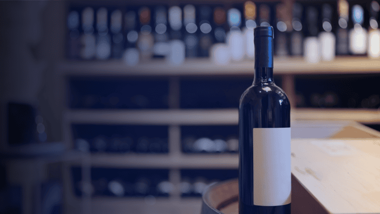 a bottle of wine with a white label sits on a wooden table